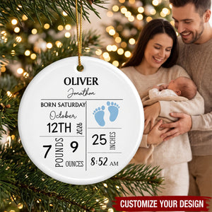 Personalized Baby Birth Stats Ceramic Ornament ‑ Custom Newborn Memory Souvenir Gift