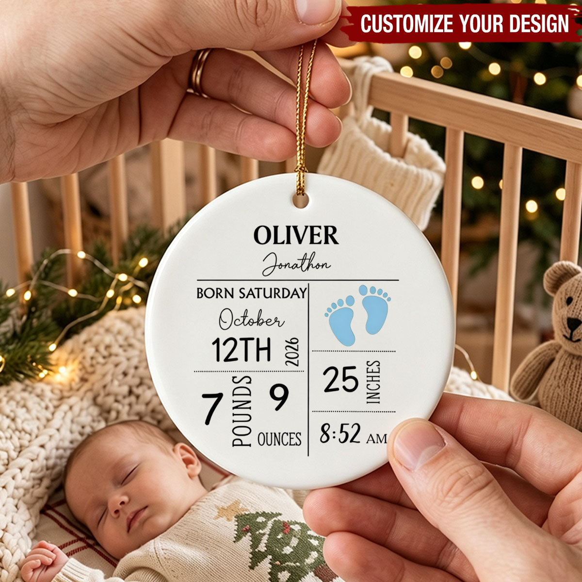 Personalized Baby Birth Stats Ceramic Ornament ‑ Custom Newborn Memory Souvenir Gift