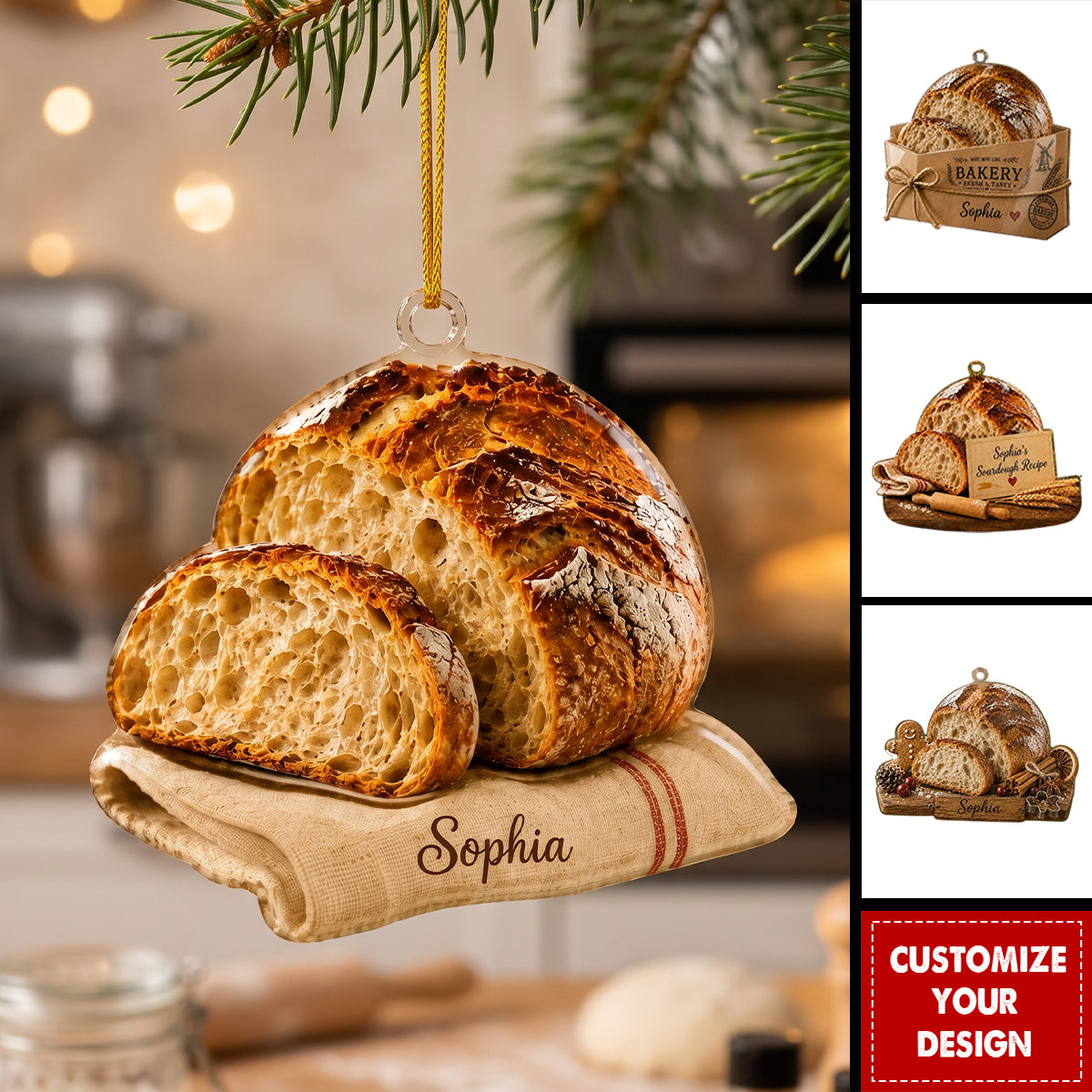Personalized Sourdough Bread Acrylic Ornament, Custom Baker Kitchen Holiday Tree Gift
