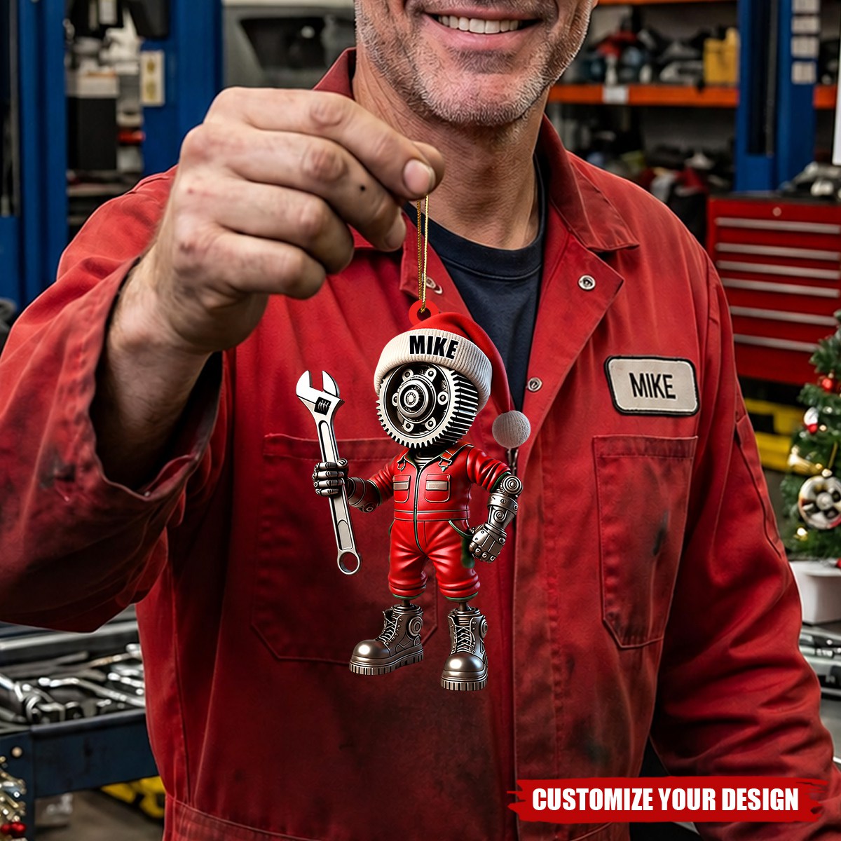 Personalized Mechanic Santa Hat Acrylic Ornament, Gift for Repair Enthusiasts