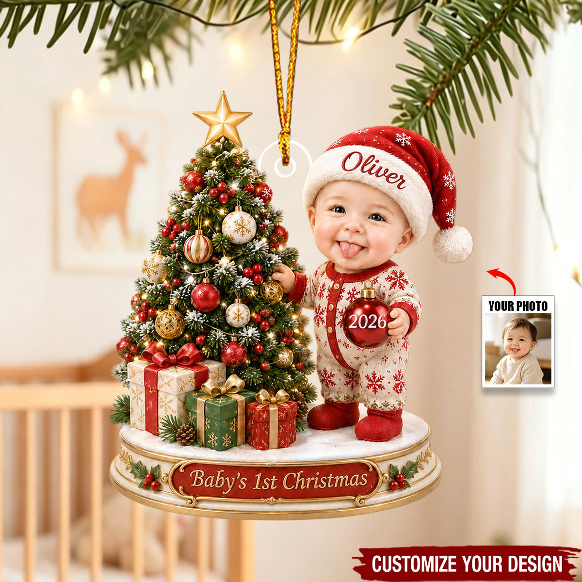 Personalized Baby First Christmas Photo Acrylic Ornament, Custom Newborn Holiday Memory Gift