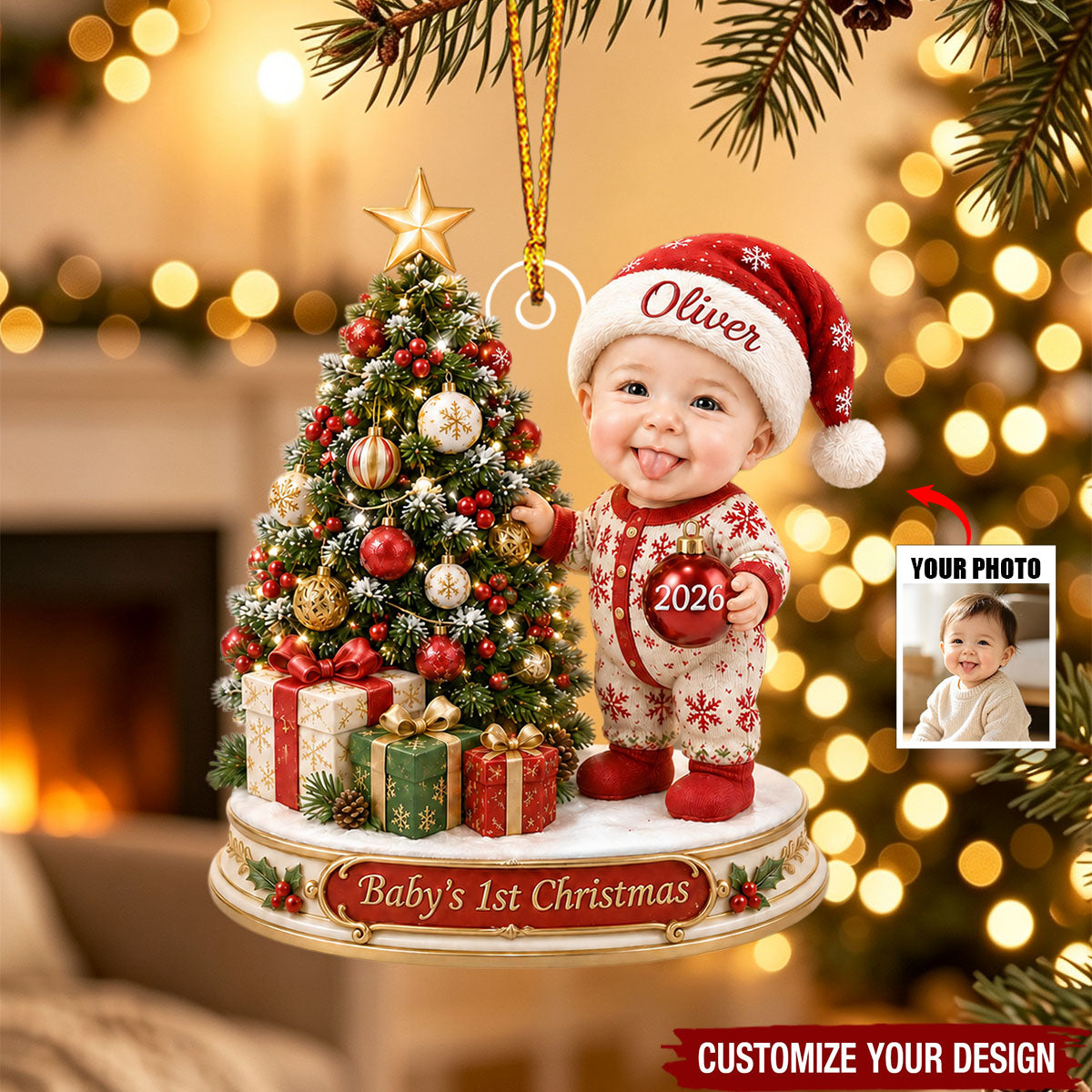 Personalized Baby First Christmas Photo Acrylic Ornament, Custom Newborn Holiday Memory Gift