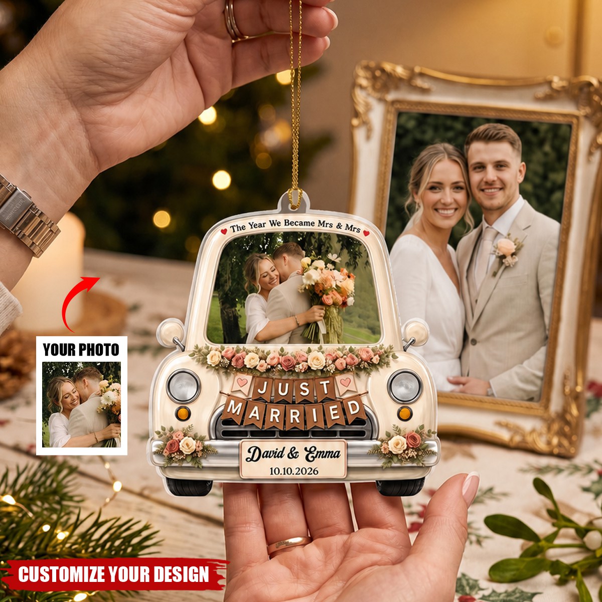 Personalized Couple Photo Acrylic Ornament, Custom Just Married Wedding Car Keepsake