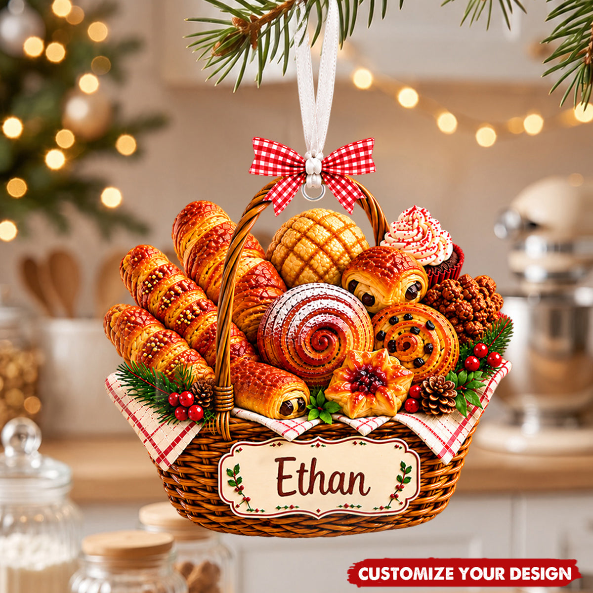 Personalized Bread Basket Acrylic Christmas Ornament, Custom Name Baker Keepsake