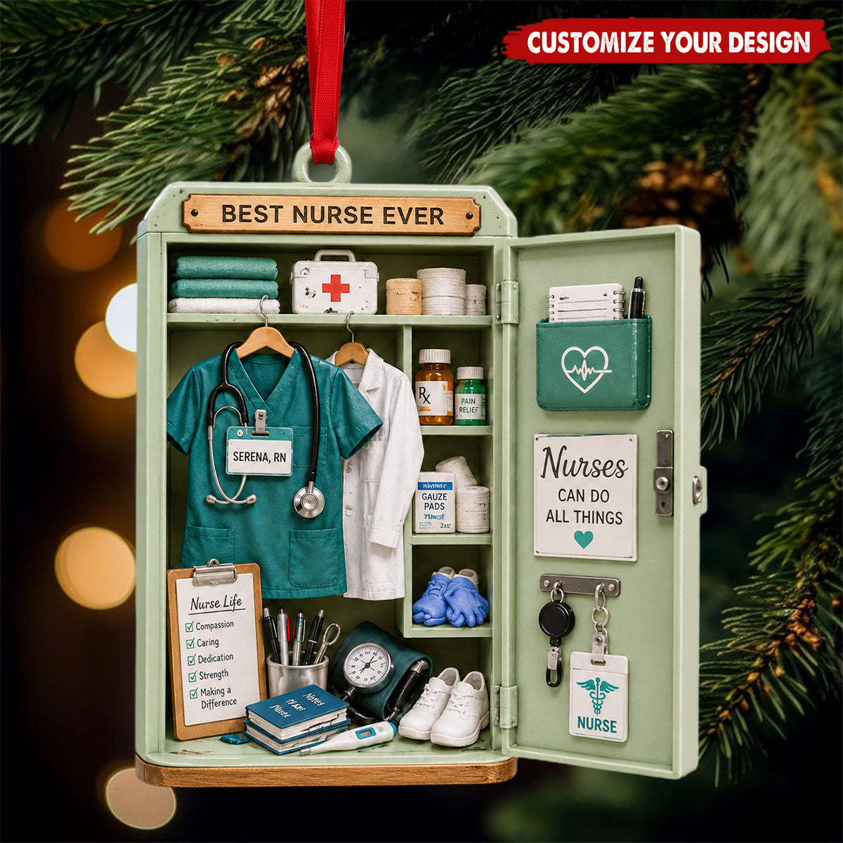 Personalized Nurse Acrylic Christmas Ornament, Custom RN Name Best Nurse Ever Gift