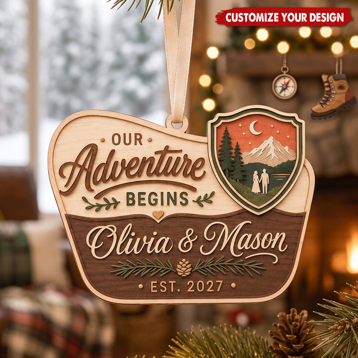 Personalized Wooden Couple Ornament, Our Adventure Begins Mountain Christmas Souvenir