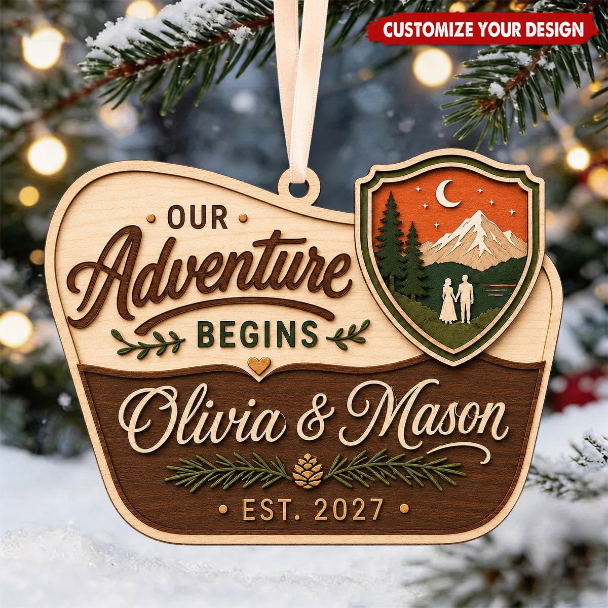 Personalized Wooden Couple Ornament, Our Adventure Begins Mountain Christmas Souvenir
