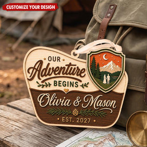 Personalized Wooden Couple Ornament, Our Adventure Begins Mountain Christmas Souvenir