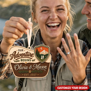 Personalized Wooden Couple Ornament, Our Adventure Begins Mountain Christmas Souvenir