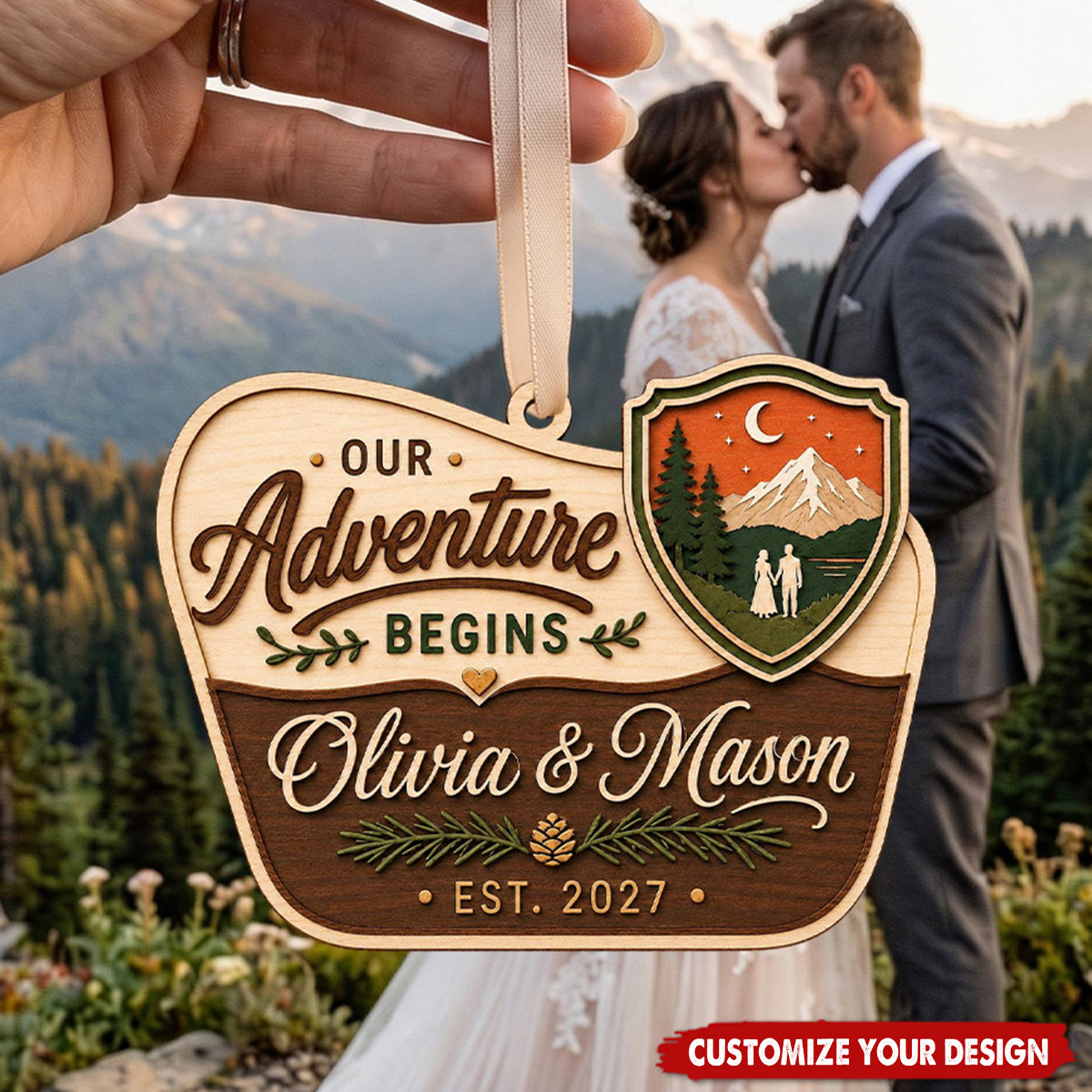 Personalized Wooden Couple Ornament, Our Adventure Begins Mountain Christmas Souvenir