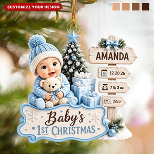 Personalized Baby’s First Christmas Acrylic Ornament, Custom Birth Stats Keepsake, Newborn Name Date Weight Gift