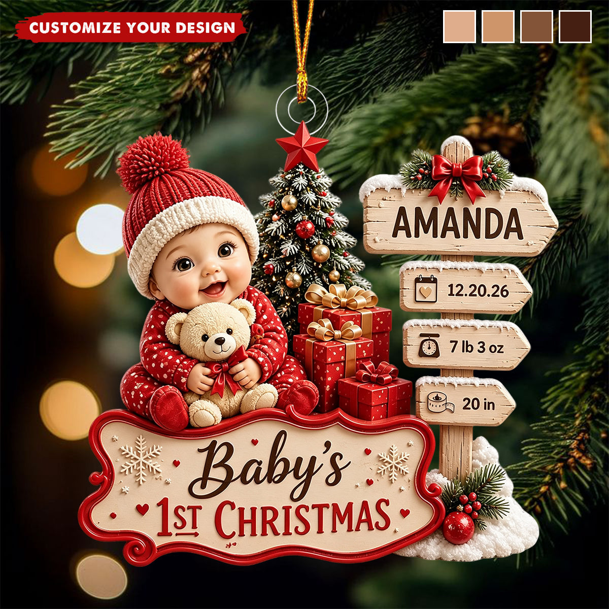 Personalized Baby’s First Christmas Acrylic Ornament, Custom Birth Stats Keepsake, Newborn Name Date Weight Gift