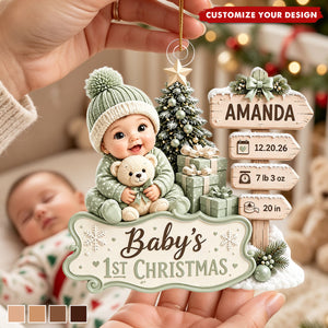 Personalized Baby’s First Christmas Acrylic Ornament, Custom Birth Stats Keepsake, Newborn Name Date Weight Gift