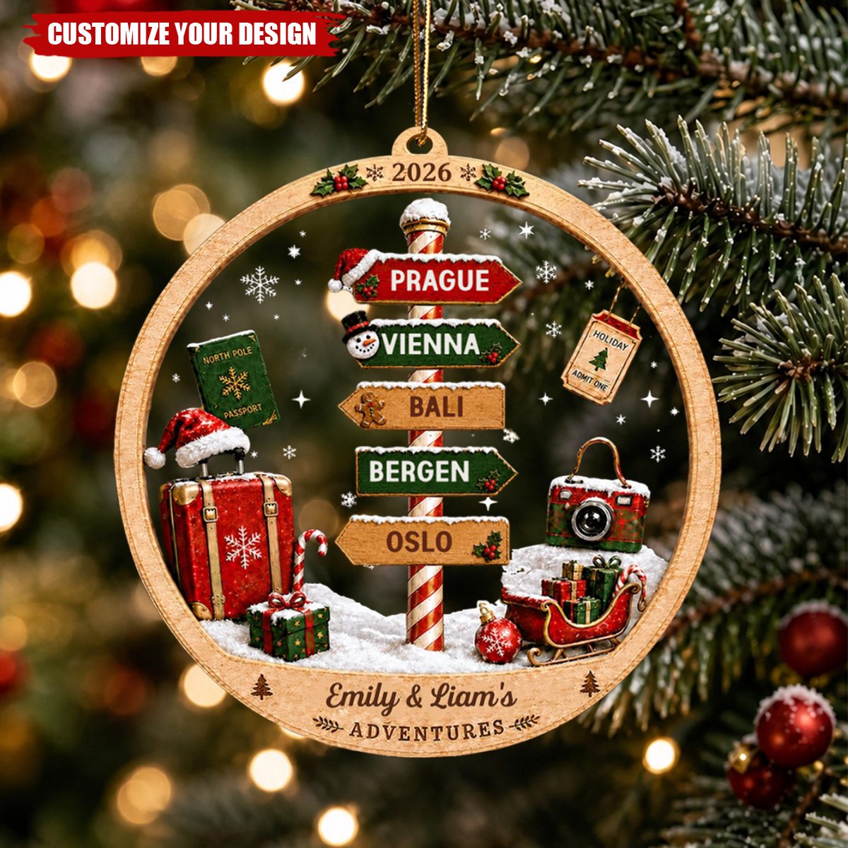 Personalized Adventure Travel Ornament, Holiday Gift for Family & Couple