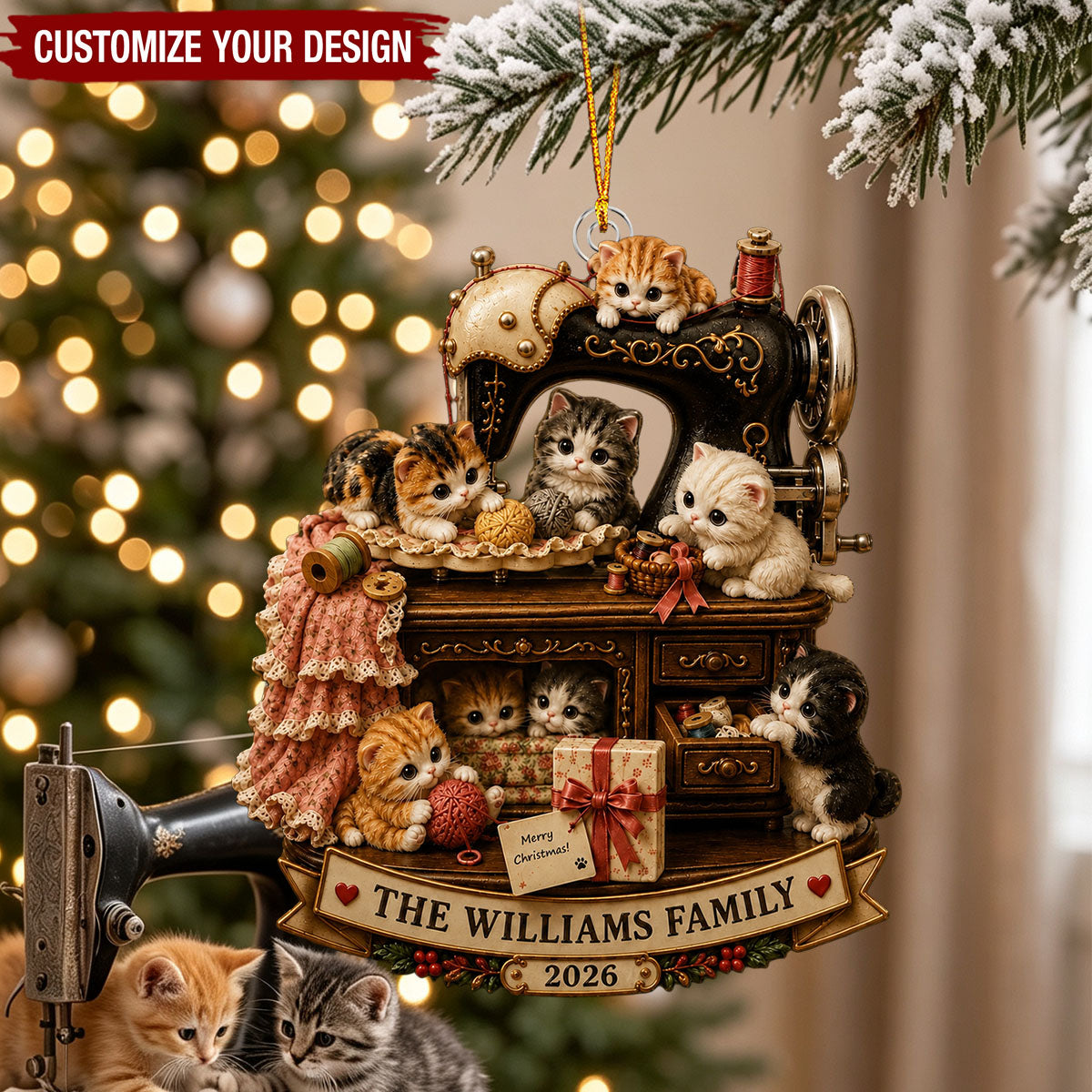 Personalized Sewing Machine Cat Acrylic Ornament, Custom Cat Family Christmas Gift For Cat Mom