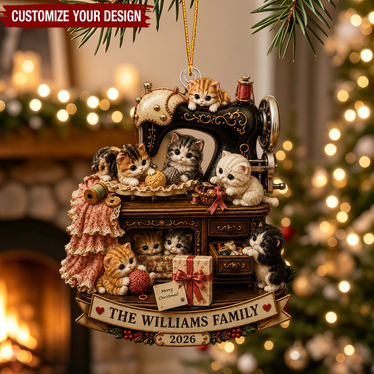 Personalized Sewing Machine Cat Acrylic Ornament, Custom Cat Family Christmas Gift For Cat Mom