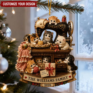 Personalized Sewing Machine Cat Acrylic Ornament, Custom Cat Family Christmas Gift For Cat Mom