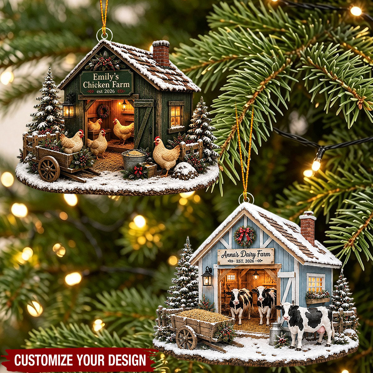 Personalized Acrylic Farm Christmas Ornament, Custom Cow Chicken Farmhouse Decoration