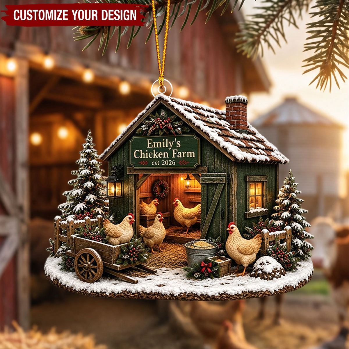 Personalized Acrylic Farm Christmas Ornament, Custom Cow Chicken Farmhouse Decoration