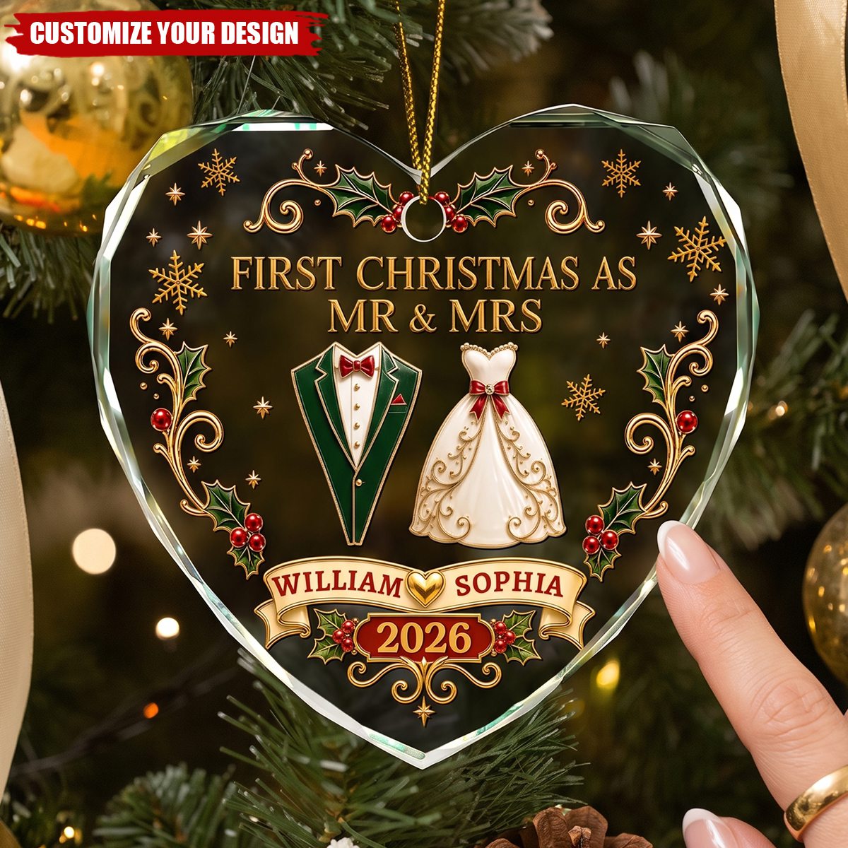 Personalized Heart Shaped Glass Ornament - First Christmas As Mr. & Mrs. Vintage