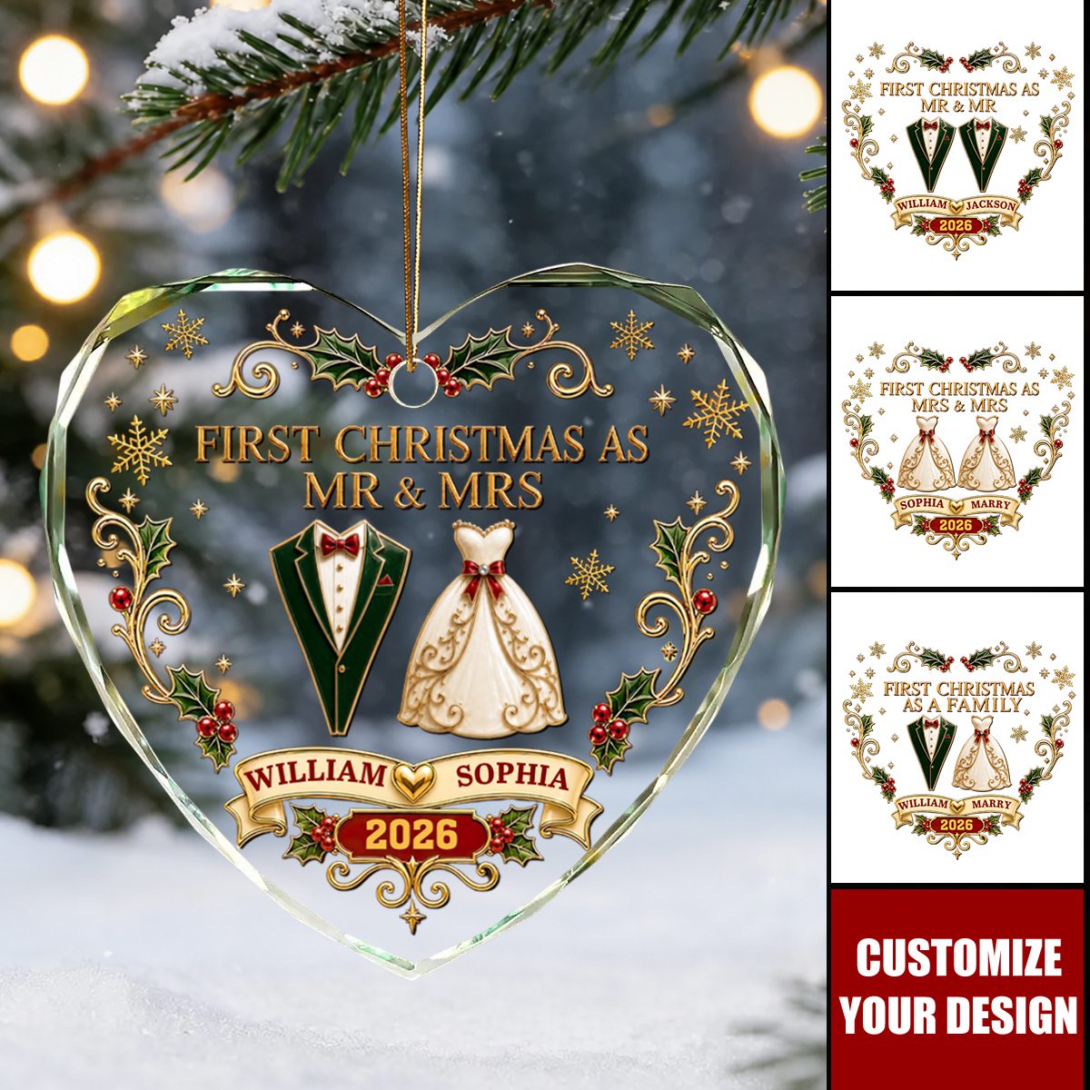 Personalized Heart Shaped Glass Ornament - First Christmas As Mr. & Mrs. Vintage