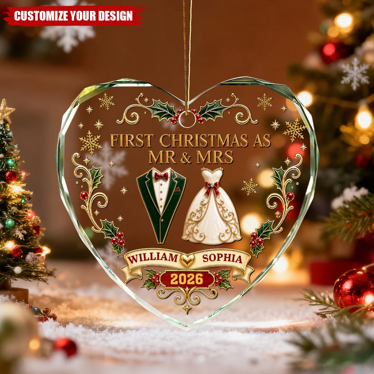 Personalized Heart Shaped Glass Ornament - First Christmas As Mr. & Mrs. Vintage