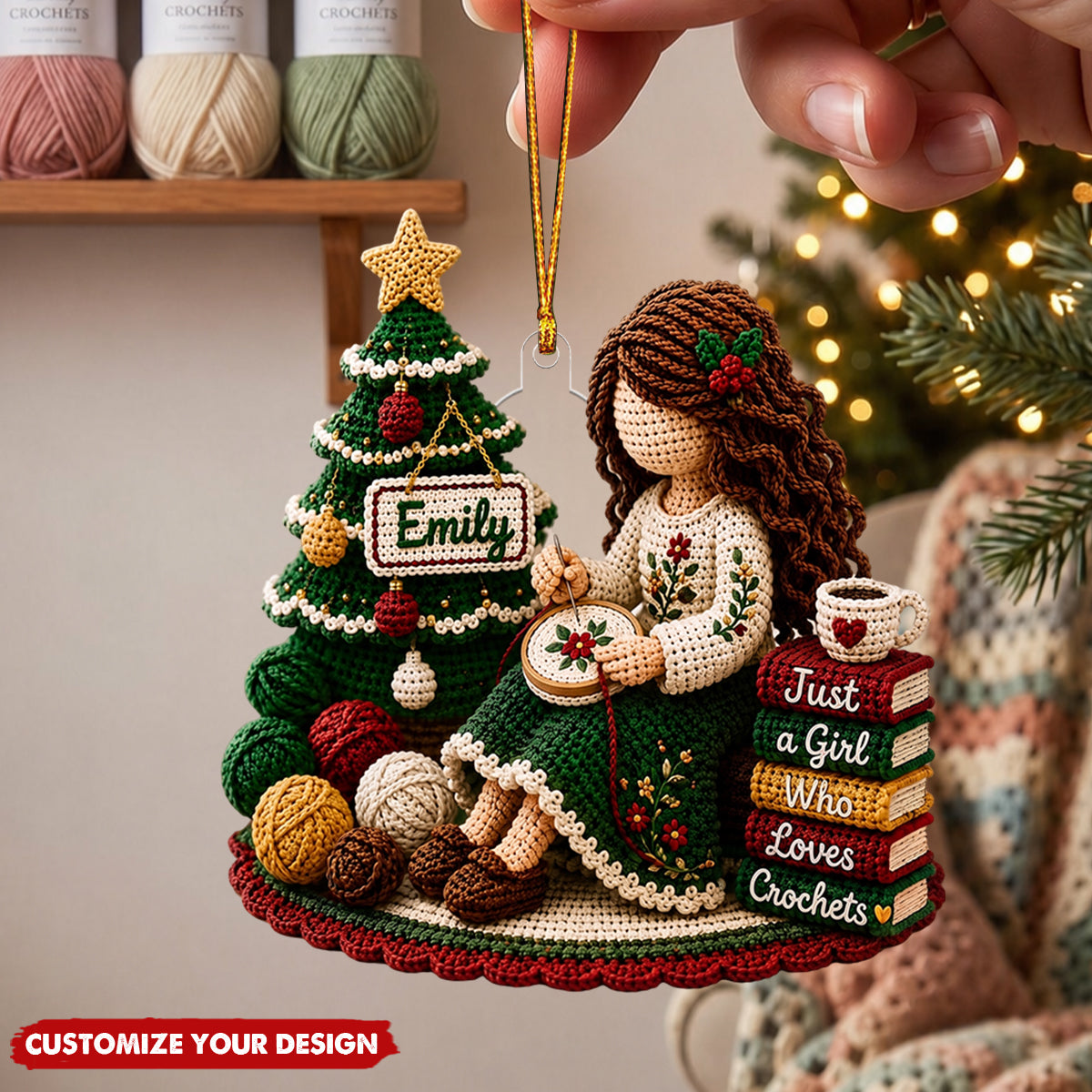 Personalized Crochet Girl Acrylic Ornament, Custom Name Gift for Crochet Enthusiasts