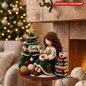 Personalized Crochet Girl Acrylic Ornament, Custom Name Gift for Crochet Enthusiasts