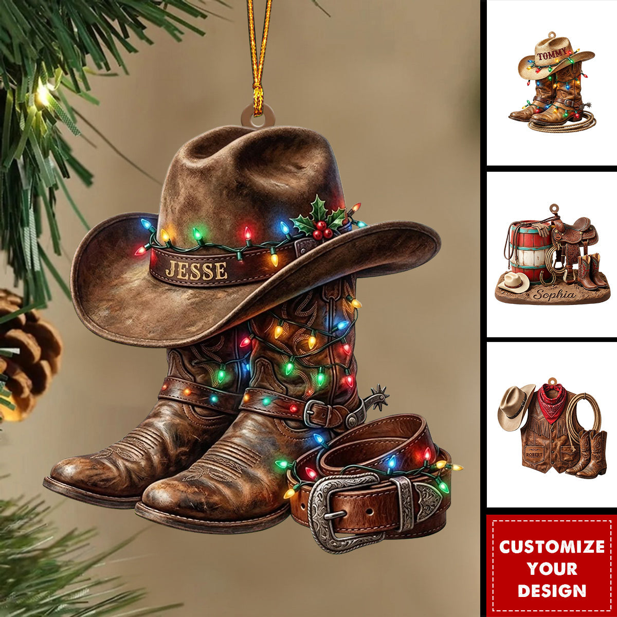 Personalized Acrylic Western Cowboy Hat Boots Ornament, Rodeo Country Saddle Keepsake