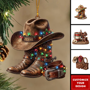 Personalized Acrylic Western Cowboy Hat Boots Ornament, Rodeo Country Saddle Keepsake