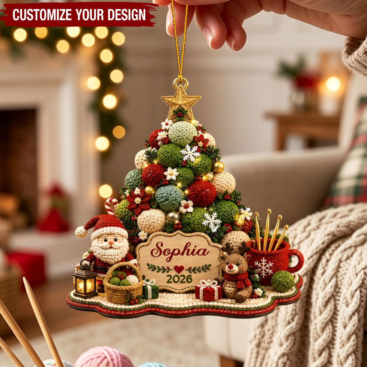 Personalized Yarn Christmas Tree Acrylic Ornament, Gift for Knitting & Crochet Lovers