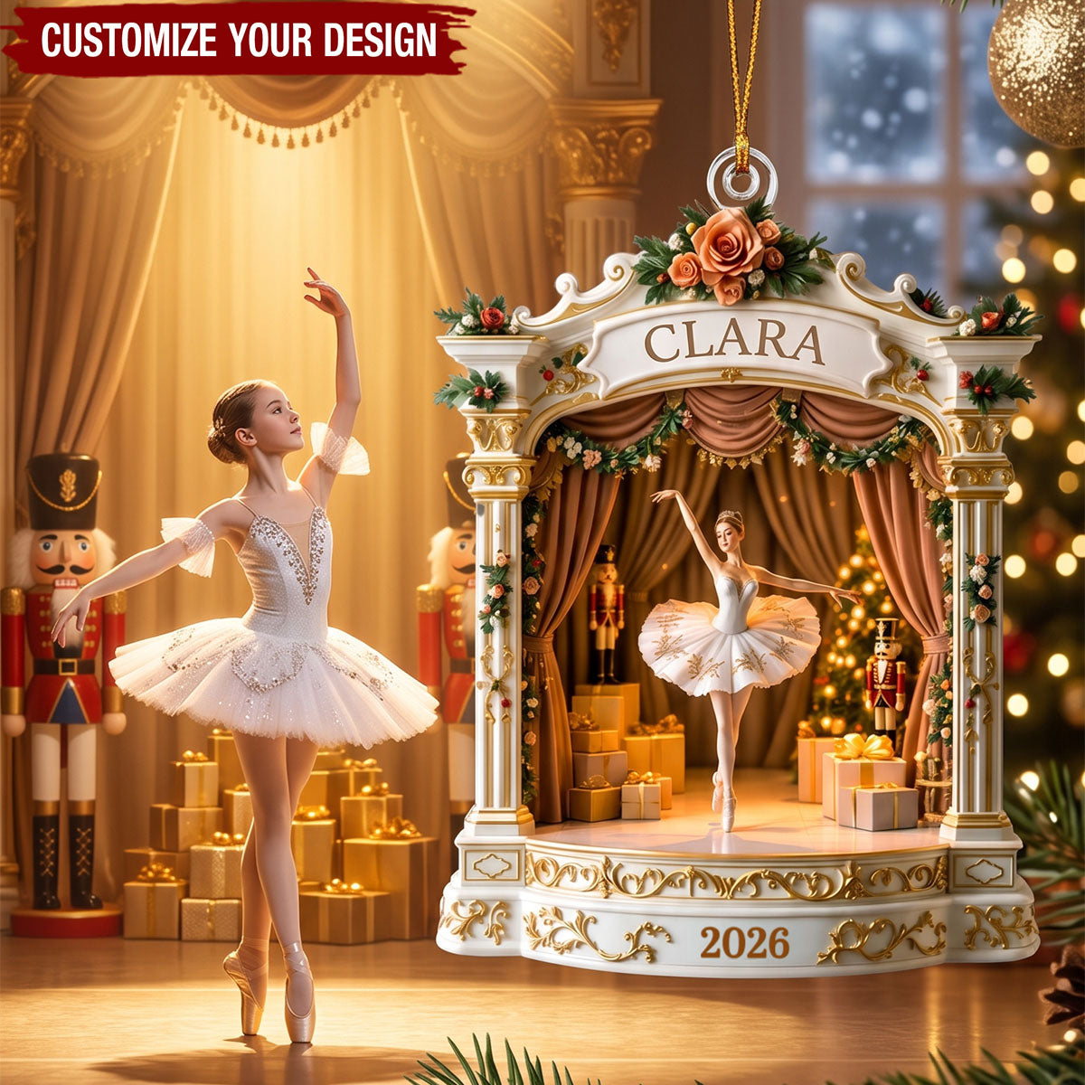 Personalized Nutcracker Ballet Acrylic Ornament, Custom Name Ballerina Clara Christmas Gift