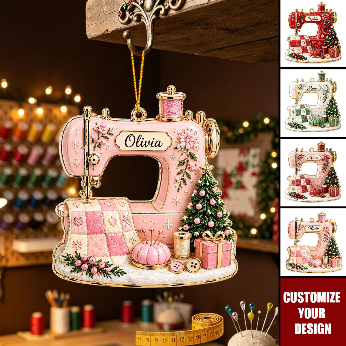 Personalized Vintage Sewing Machine Acrylic Ornament, Custom Name Gift for Quilters