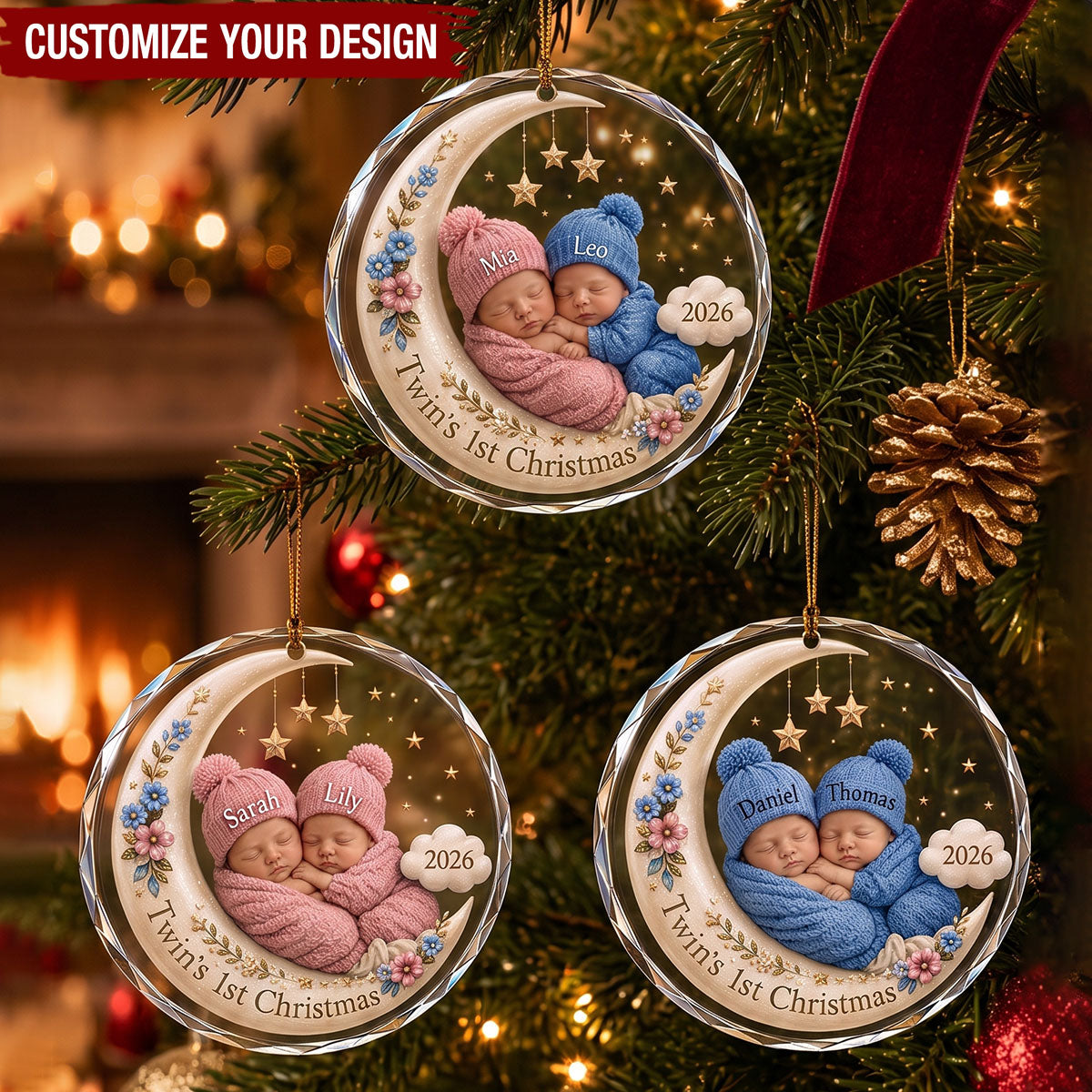 Personalized Twin Babies First Christmas Glass Ornament, Twins 1st Christmas Holiday Keepsake