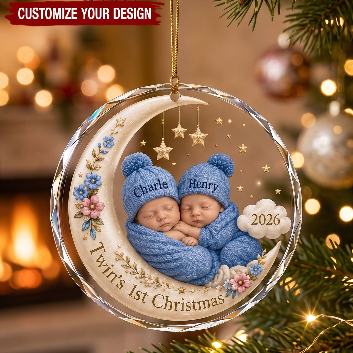Personalized Twin Babies First Christmas Glass Ornament, Twins 1st Christmas Holiday Keepsake