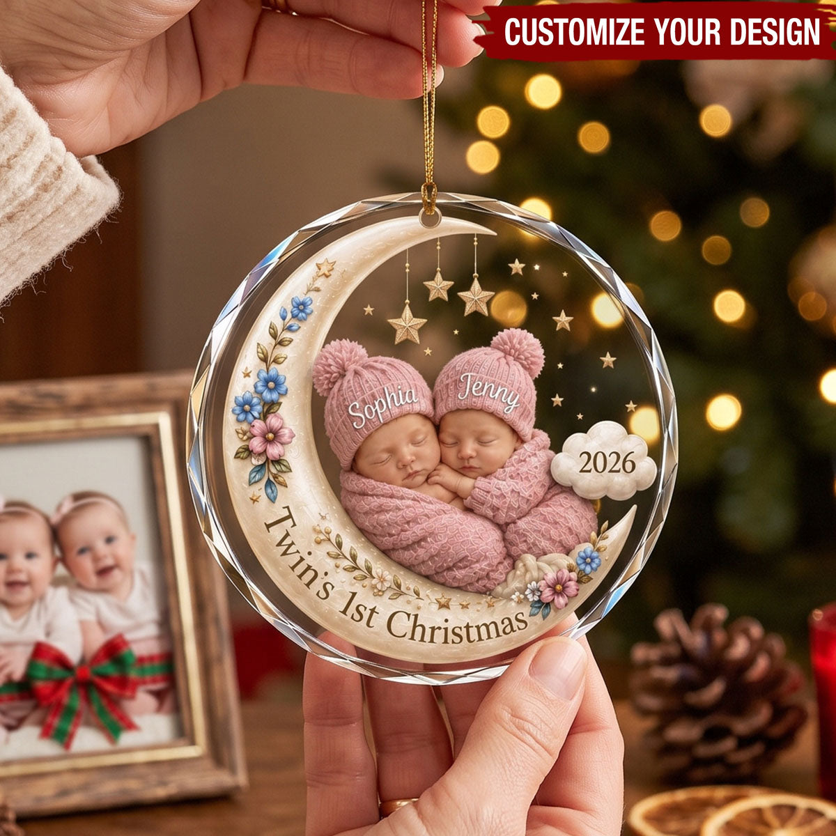 Personalized Twin Babies First Christmas Glass Ornament, Twins 1st Christmas Holiday Keepsake