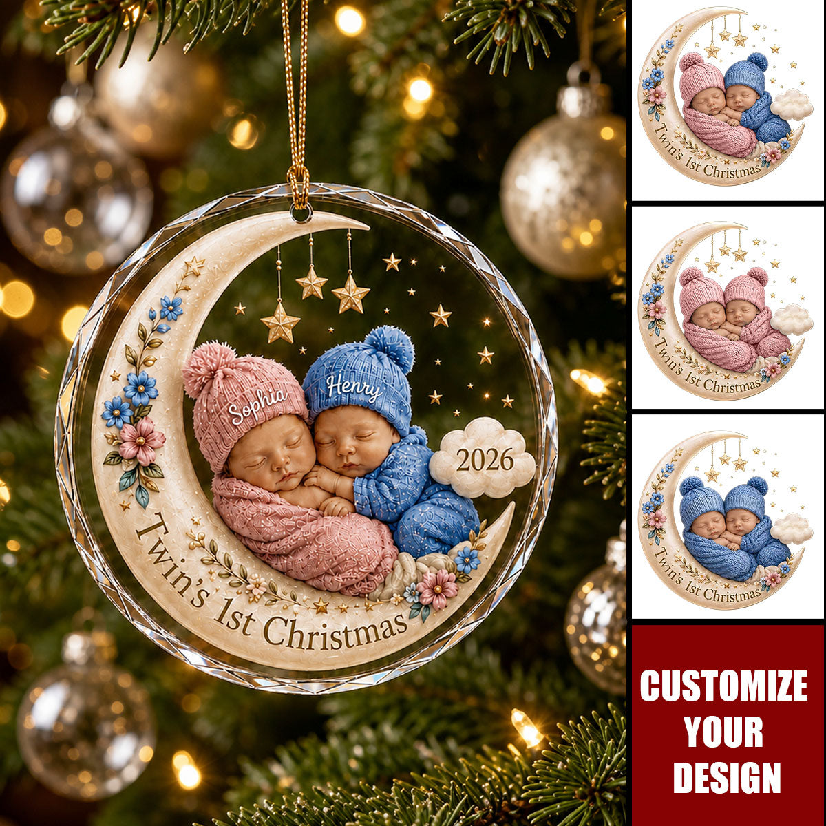 Personalized Twin Babies First Christmas Glass Ornament, Twins 1st Christmas Holiday Keepsake