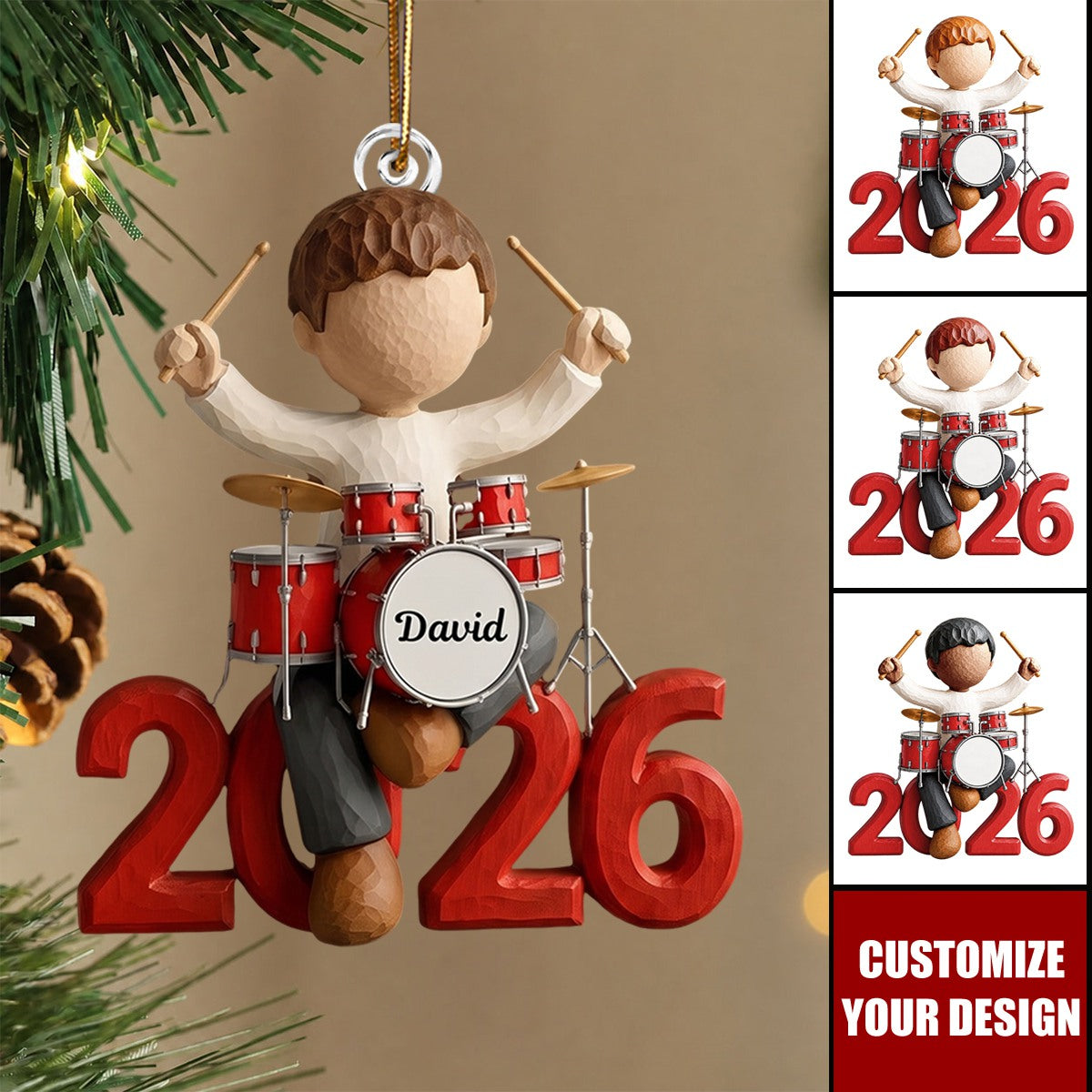 Personalized Drummer Boy Christmas Acrylic Ornament, Custom Name Musician Gift