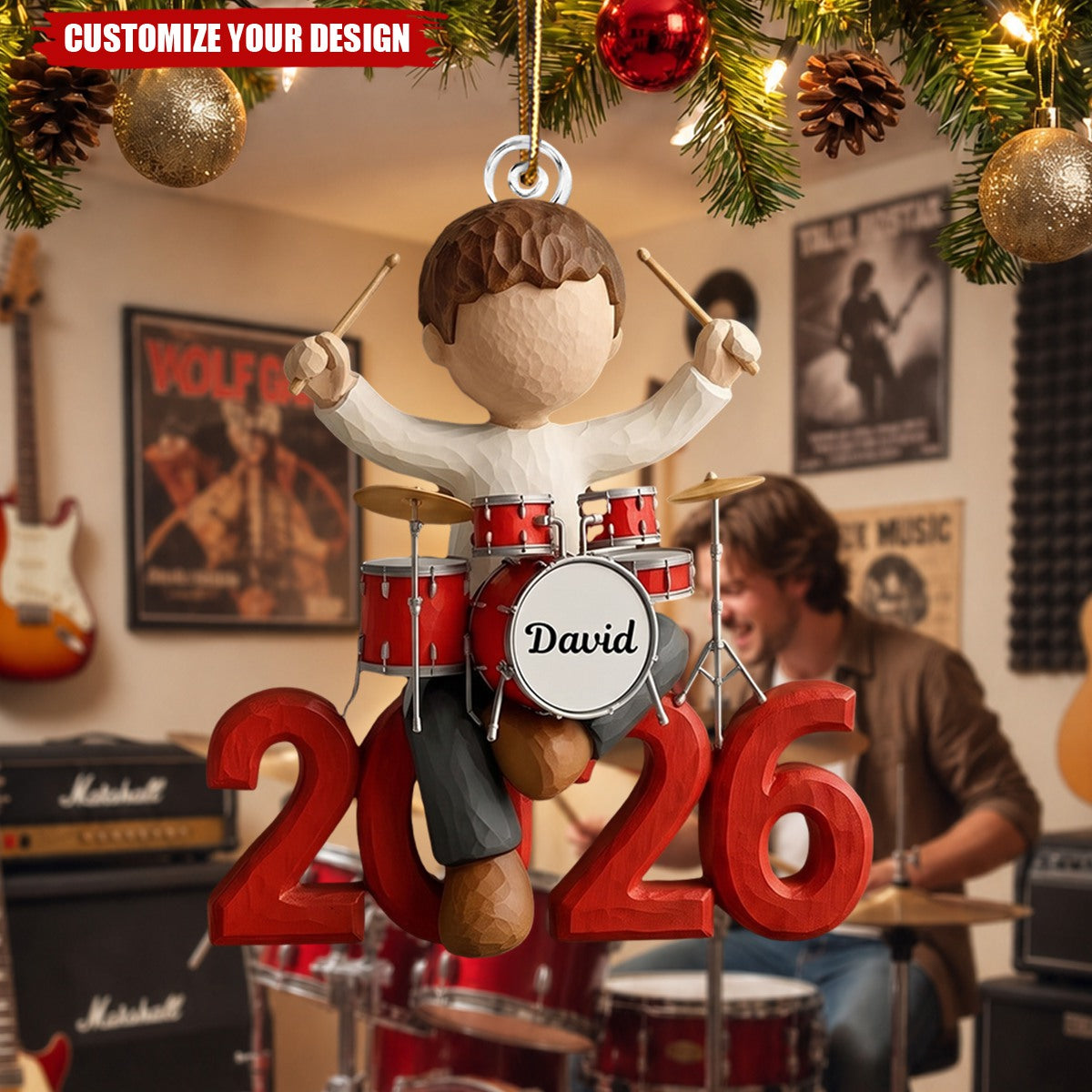 Personalized Drummer Boy Christmas Acrylic Ornament, Custom Name Musician Gift