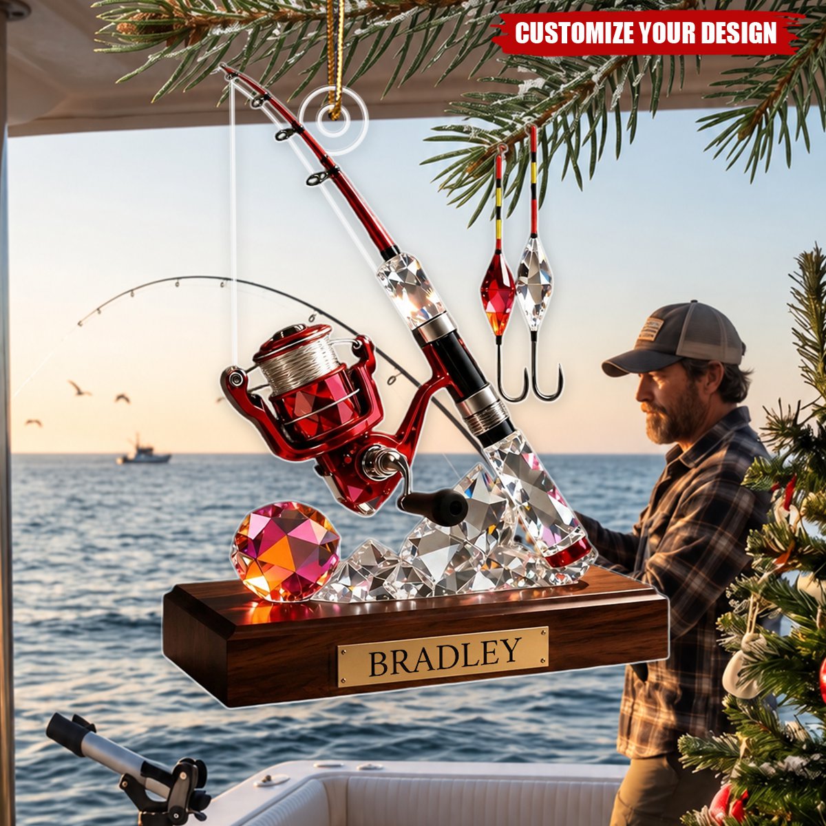 Personalized Acrylic Fishing Christmas Ornament, Custom Fisherman Keepsake Gift for Outdoorsman