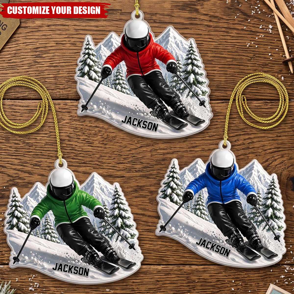 Personalized Ski Christmas Ornament, Custom Name Skiing Gift for Ski Lovers