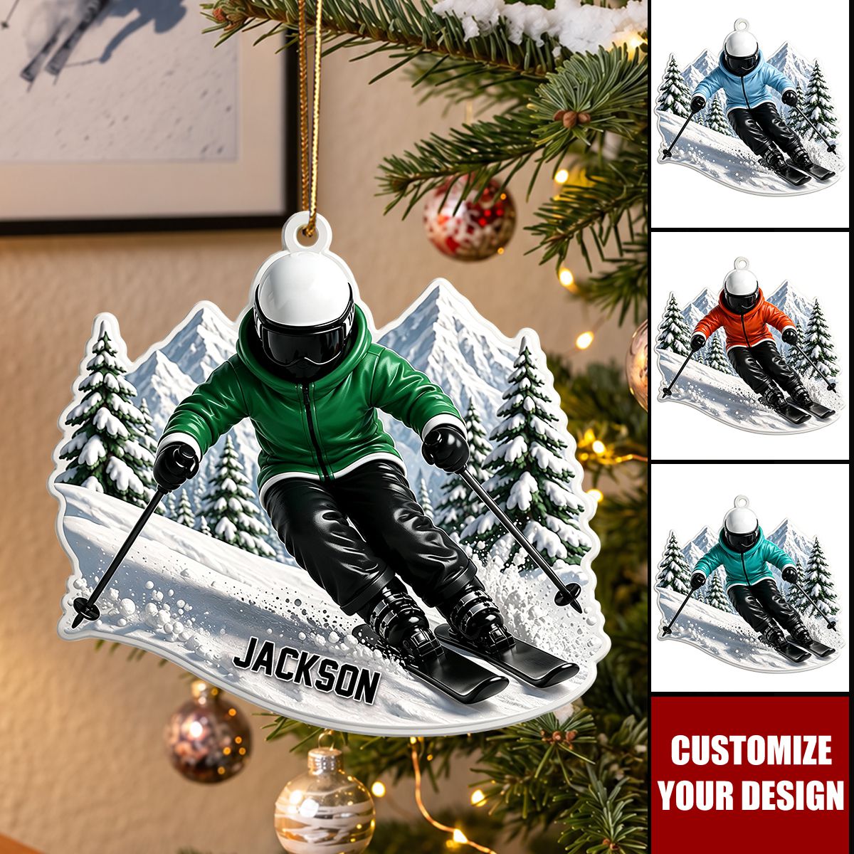 Personalized Ski Christmas Ornament, Custom Name Skiing Gift for Ski Lovers
