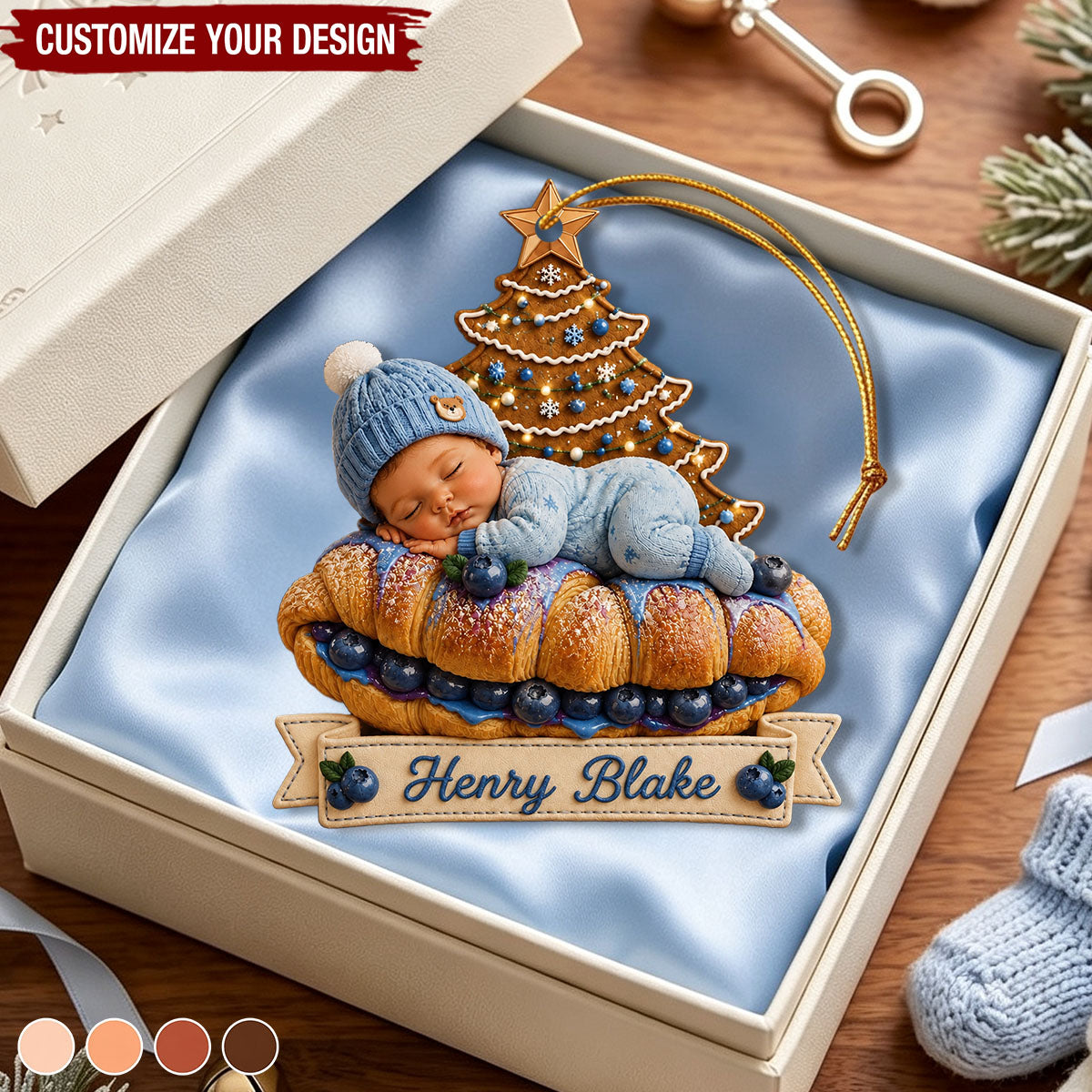Personalized Baby Croissant Christmas Acrylic Ornament, Custom Newborn First Christmas Bakery Gift