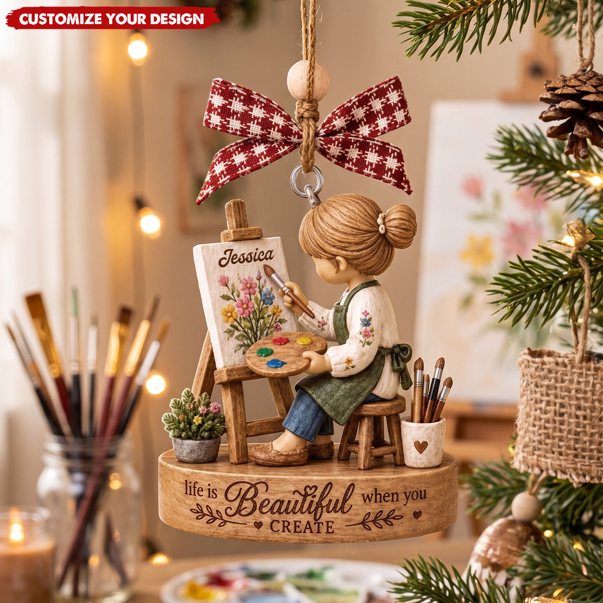 Personalized Artist Girl Acrylic Christmas Ornament, Gift for Art Teacher & Painting Enthusiast