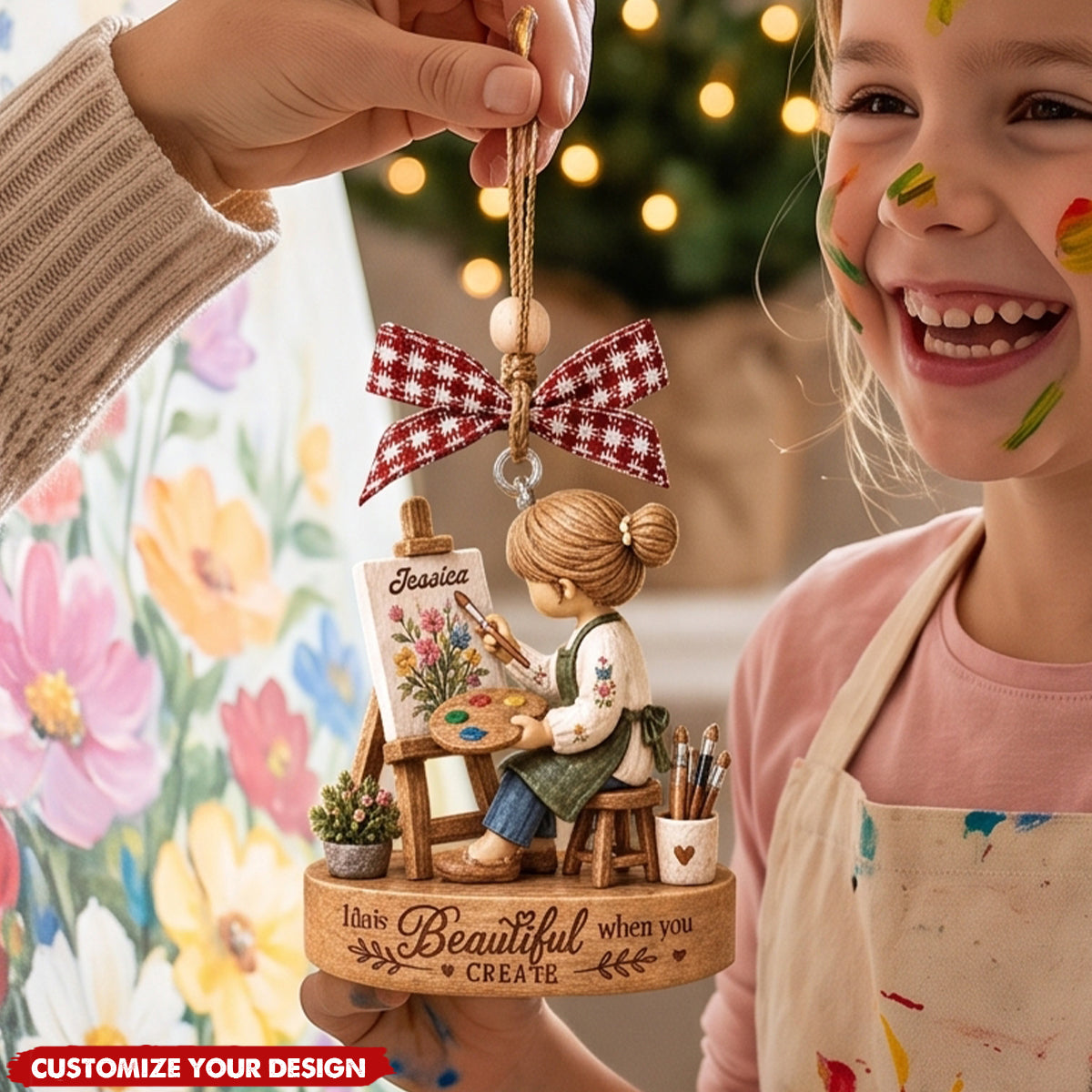 Personalized Artist Girl Acrylic Christmas Ornament, Gift for Art Teacher & Painting Enthusiast