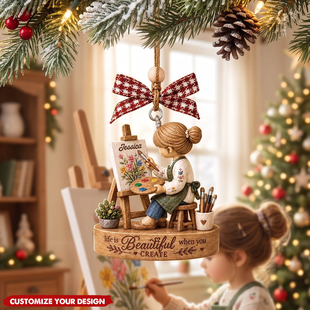 Personalized Artist Girl Acrylic Christmas Ornament, Gift for Art Teacher & Painting Enthusiast