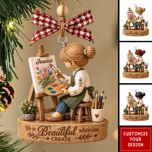 Personalized Artist Girl Acrylic Christmas Ornament, Gift for Art Teacher & Painting Enthusiast