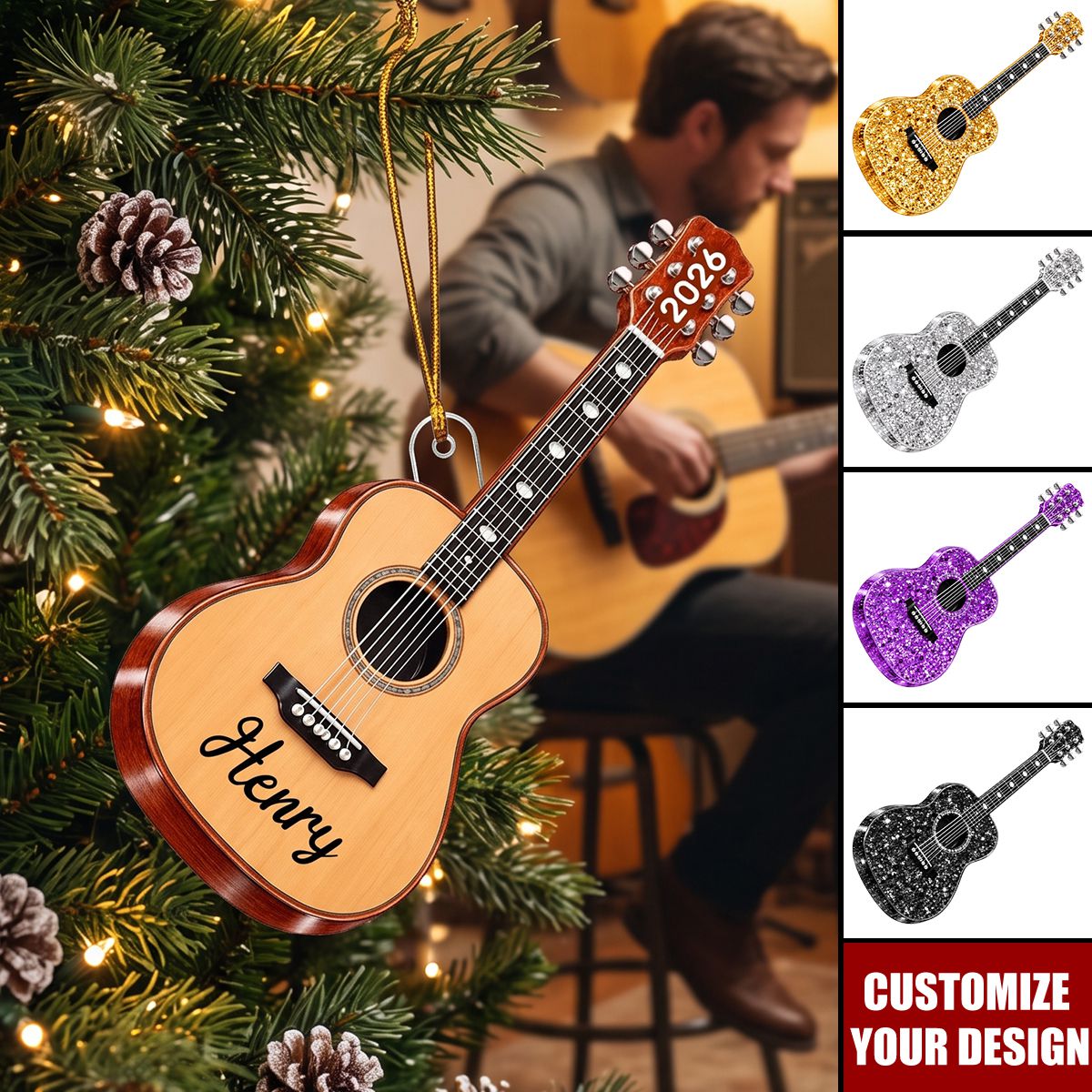 Personalized Guitar Acrylic Christmas Ornament, Custom Gift for Musicians and Guitar Lovers
