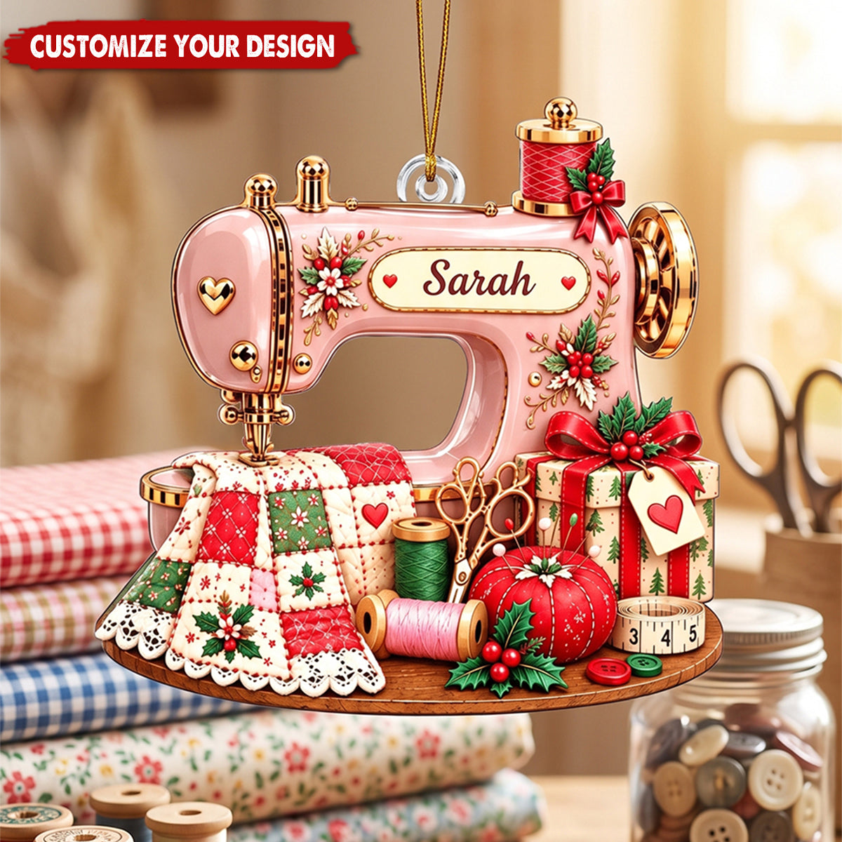 Personalized Sewing Machine Acrylic Christmas Ornament, Custom Name Sewing Lover Decor