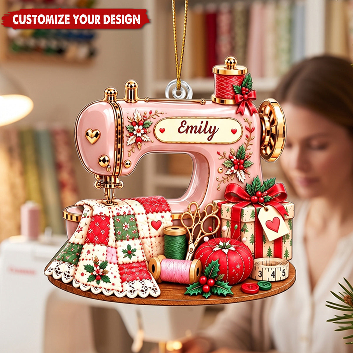 Personalized Sewing Machine Acrylic Christmas Ornament, Custom Name Sewing Lover Decor